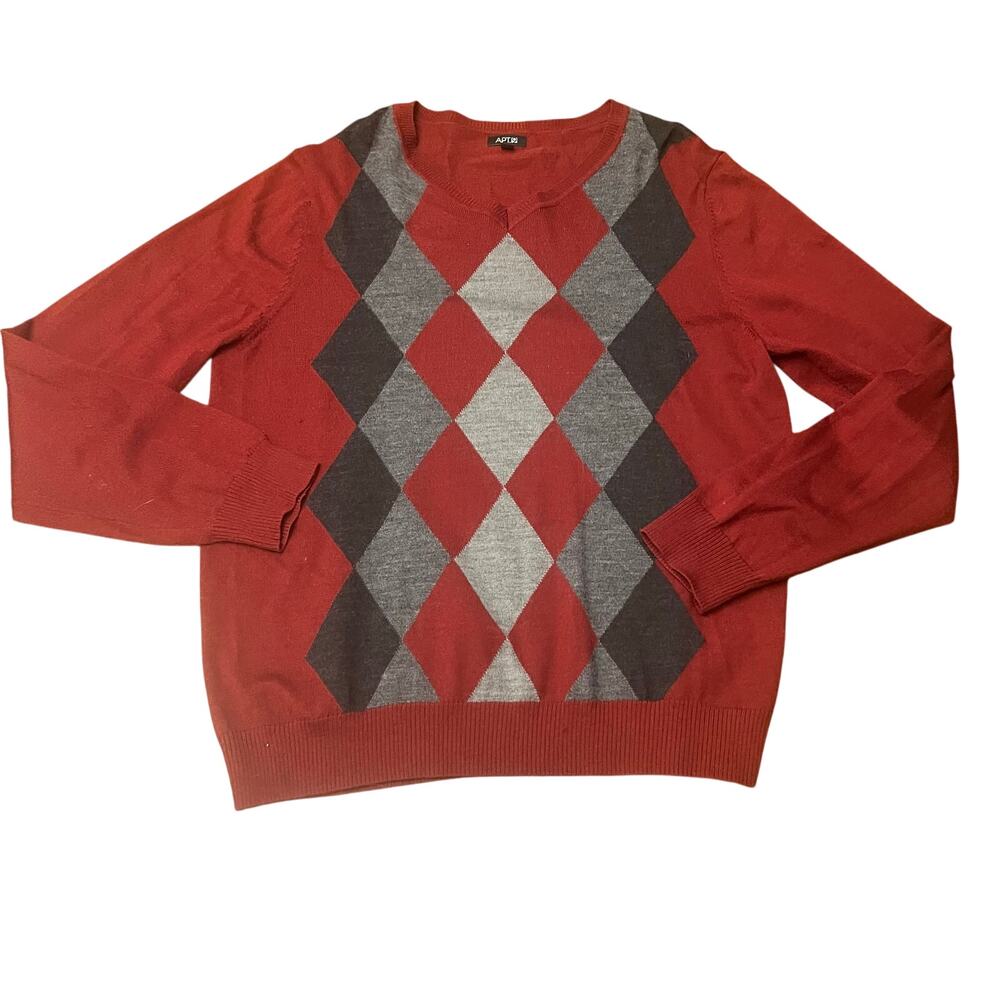 Apt. 9 XL Vintage Argyle Diamond V-Neck Sweater Red Gray XL - Picture 8 of 8